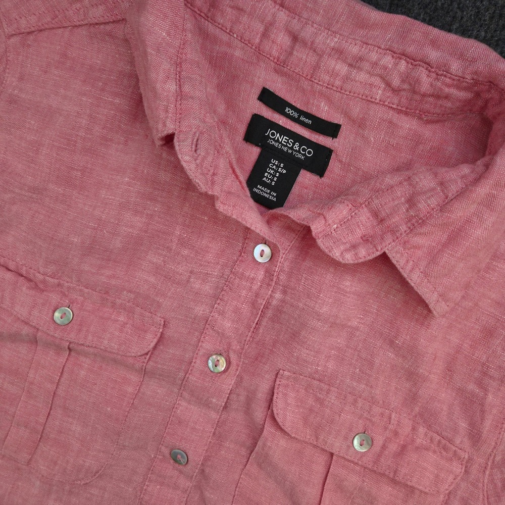 Jones & Co Linen Tunic Women S Pink 100% Linen Button Up Roll Tab Sleeve Coastal